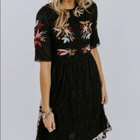Roolee Dresses & Skirts - ROOLEE Black Dress with Multicolor Lace/Embroidery Size S